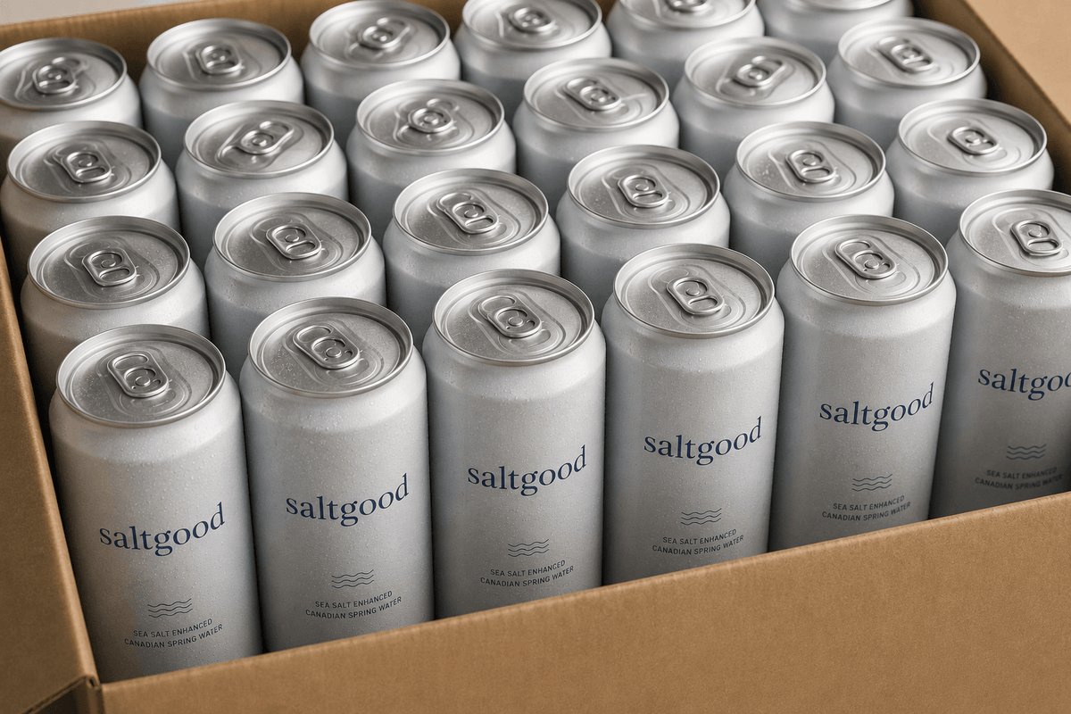 A cardboard box filled with multiple silver aluminum cans of saltgood, shown from a top-down angle. The cans have a matte silver finish with the brand name 'saltgood' printed in blue on the front.