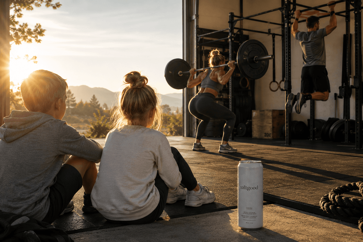 A family in an outdoor gym at sunset: one person squats with a barbell, one person does pull-ups on a rack, with their kids watching in the foreground. A white can of saltgood sits next to the kids.