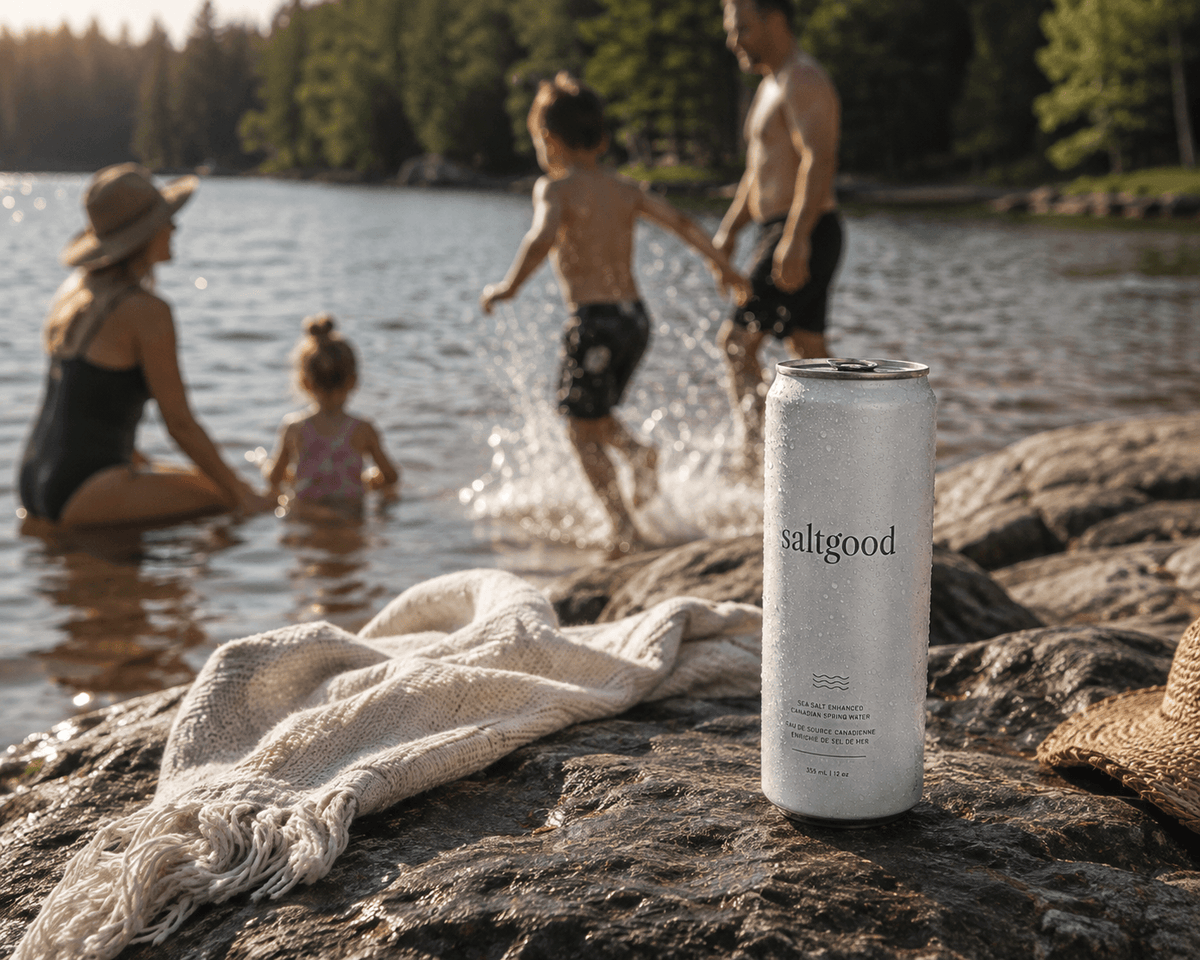 A white can of saltgood beverage placed on a rocky lakeshore, with a family playing in the water in the background.