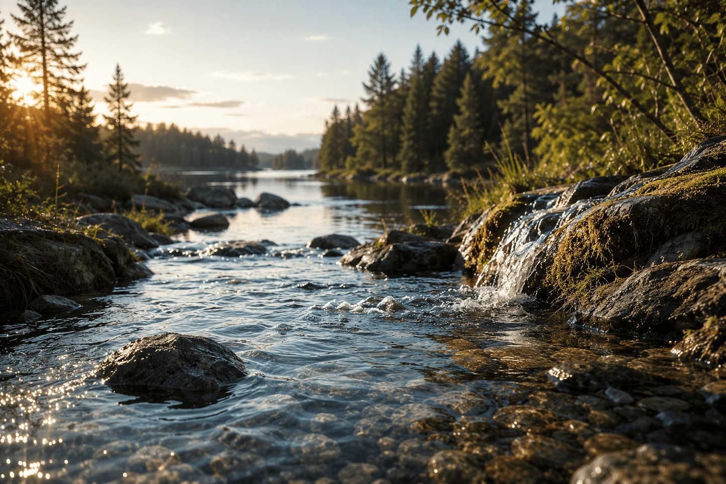 A scenic landscape photograph of a flowing river with rocks, surrounded by dense evergreen trees under warm golden sunlight. A crisp, refreshing, northern spring. 