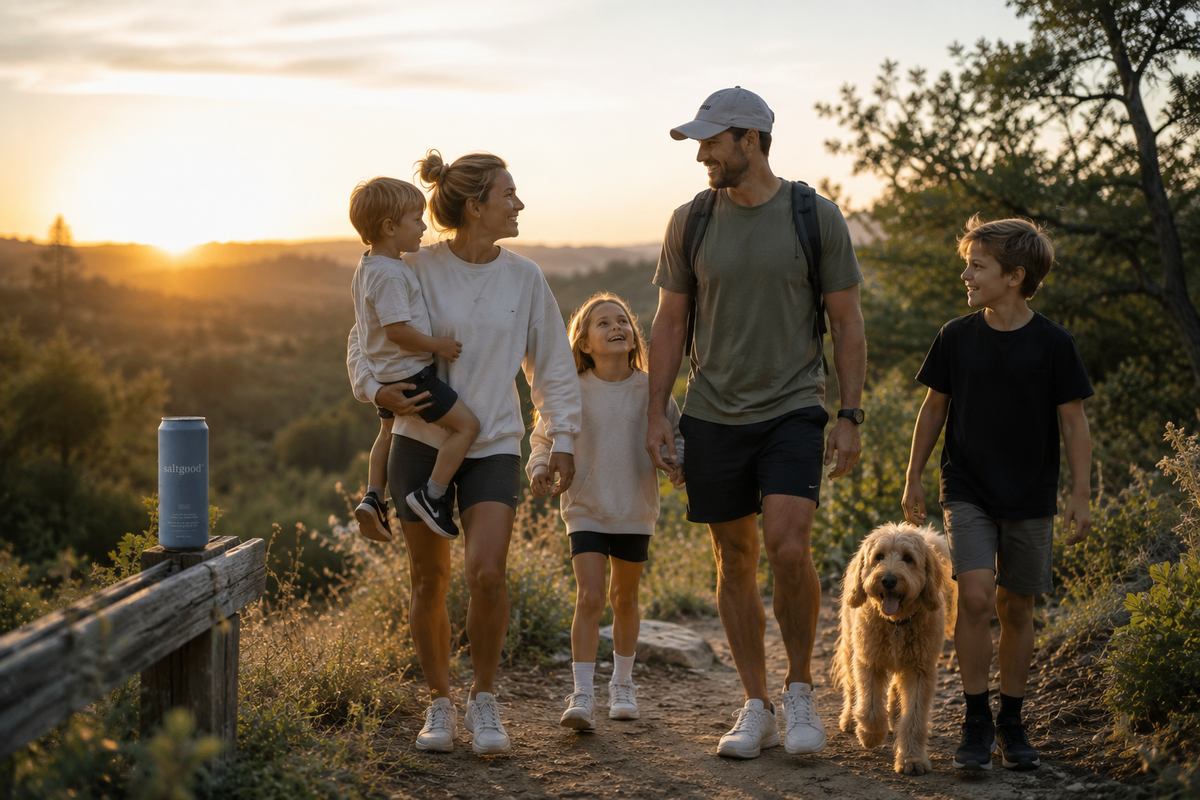A family of five walks along a dirt trail with their dog during a golden sunset. The mother wears a white long-sleeve top and dark shorts, holding a toddler, saltgood+ sits on the fence