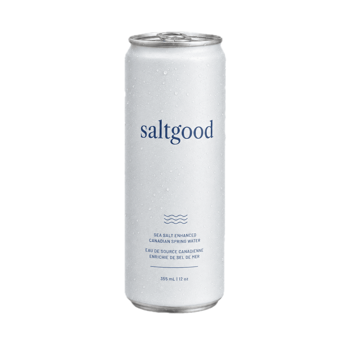 A single can of saltgood sea salt enhanced Canadian Spring Water on a solid white background. The can is white with a textured, condensation-covered finish and features the brand name 'saltgood' in a dark blue serif font, along with blue wave graphics and product details.