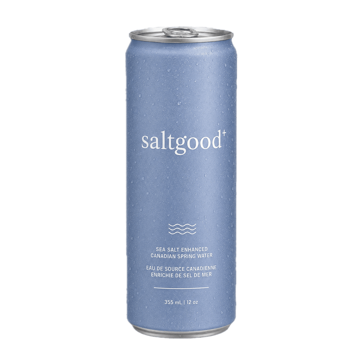 A single can of saltgood+ sea salt enhanced Canadian spring water, featuring a textured light blue can with white text and condensation droplets, on a solid white background.
