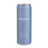 A single can of saltgood+ sea salt enhanced Canadian spring water, featuring a textured light blue can with white text and condensation droplets, on a solid white background.