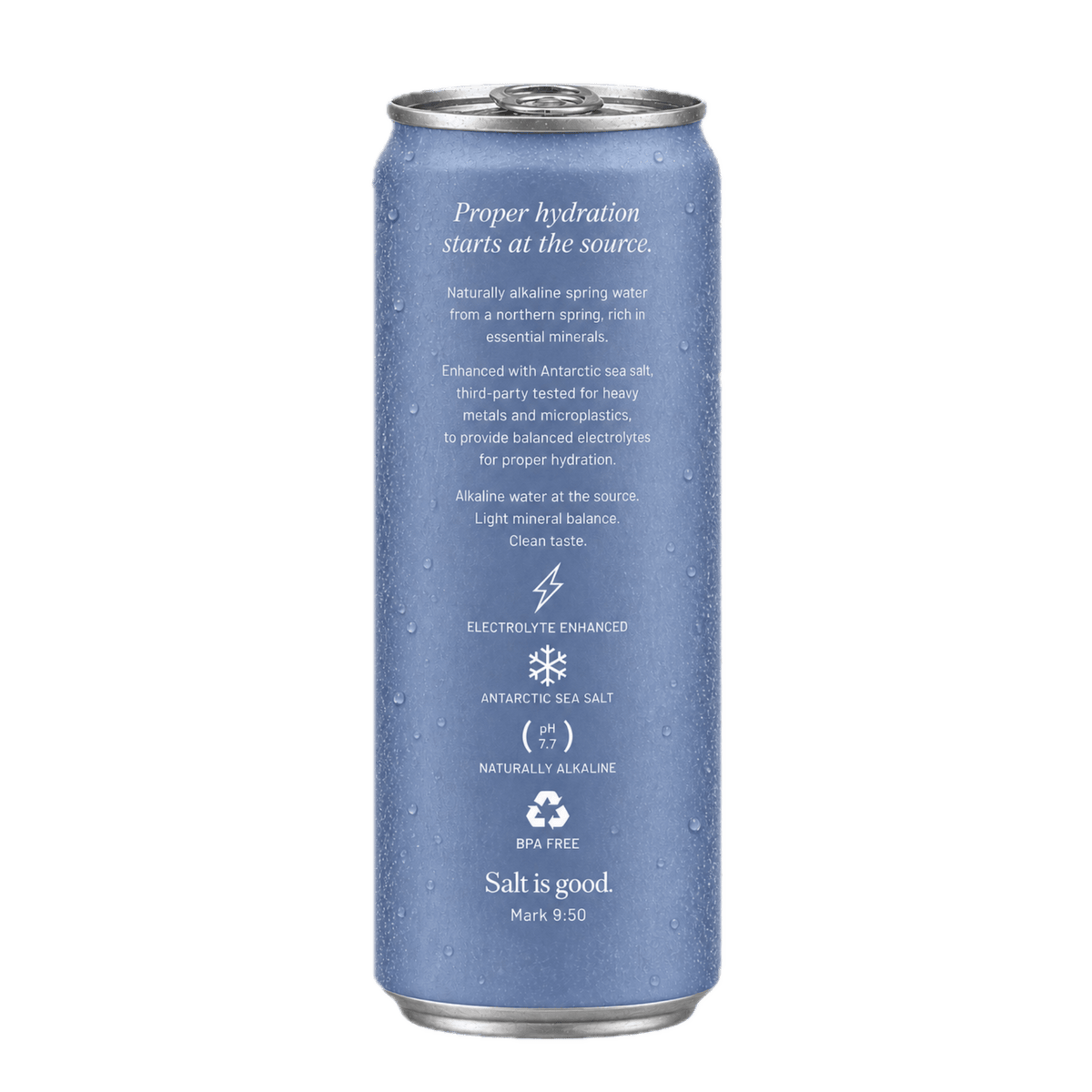 A single can of saltgood+ sea salt enhanced Canadian spring water, featuring a textured light blue can with white text and condensation droplets, on a solid white background.
